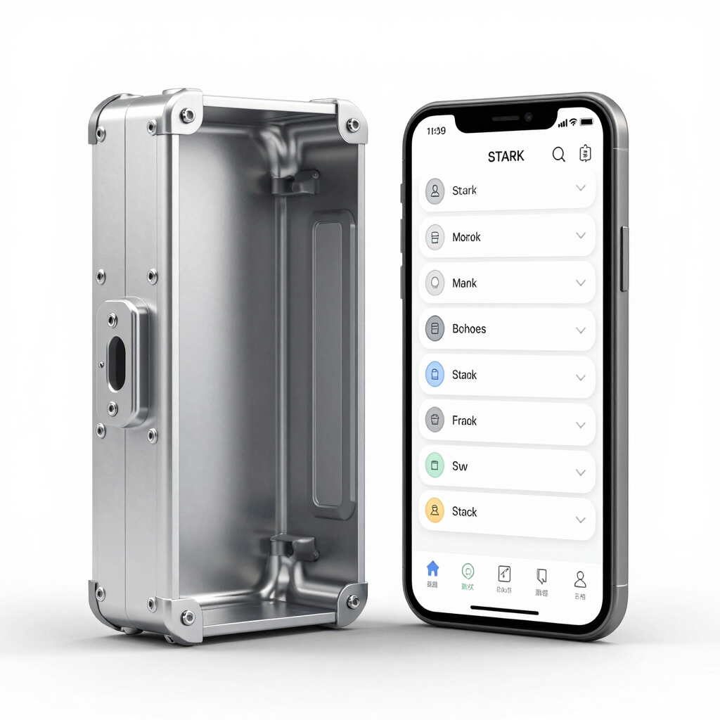 Stark orthographic studio render of an industrial aluminum casing next to a high-contrast mobile interface wireframe, clean clinical lighting, white background, high focus.